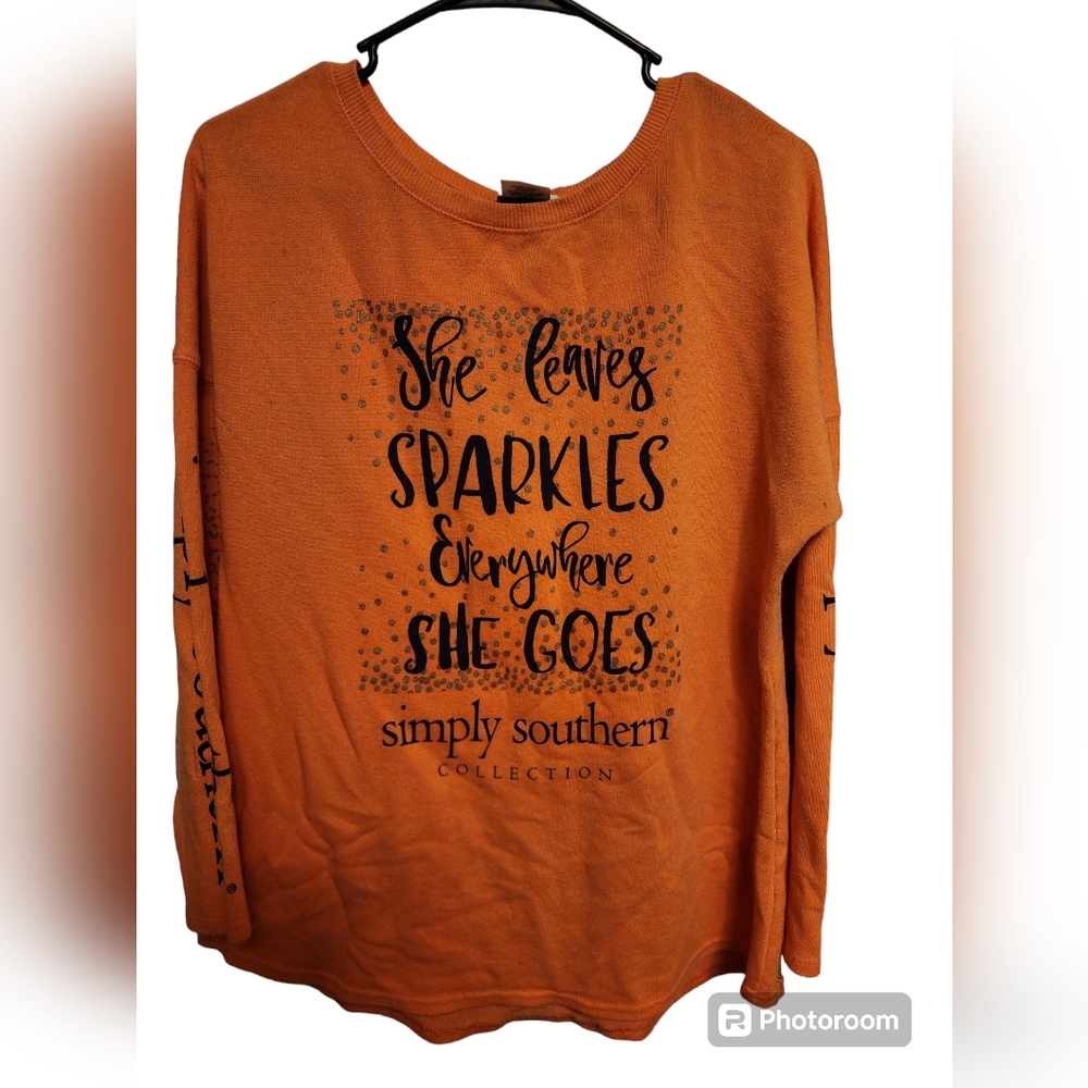 Simply Southern She Leaves Sparkles Everywhere Coral Long Sleeve Sweatshirt M